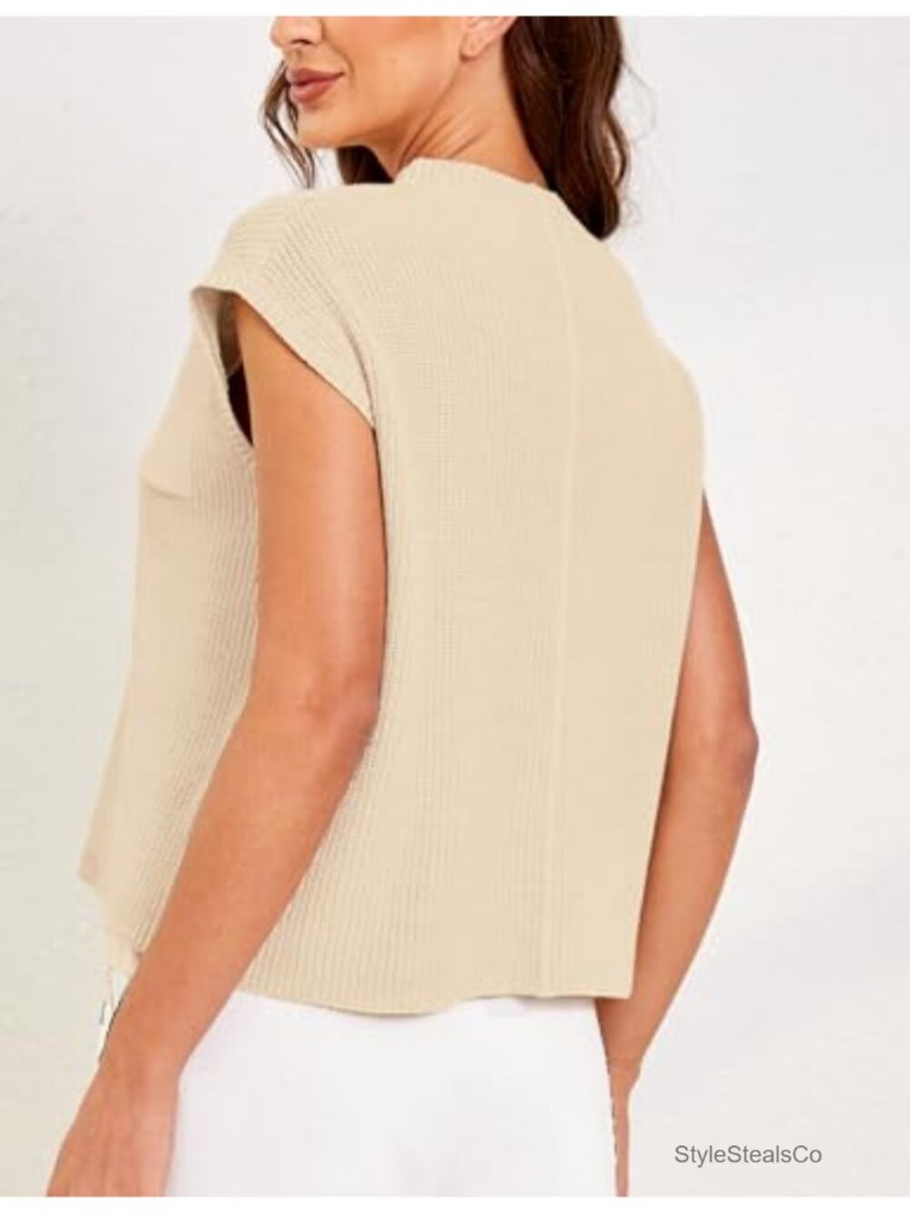 Women's Sleeveless Knit Sweater Vest Mock Neck Cap Sleeve Boxy Fit Pullover - Picture 5 of 6